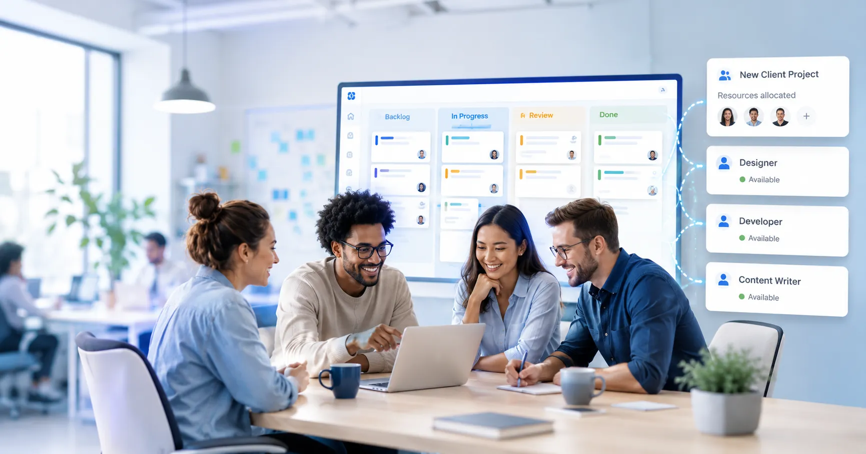 An agency team reviewing a kanban-style project board together on a large screen while a client project card shows available team members