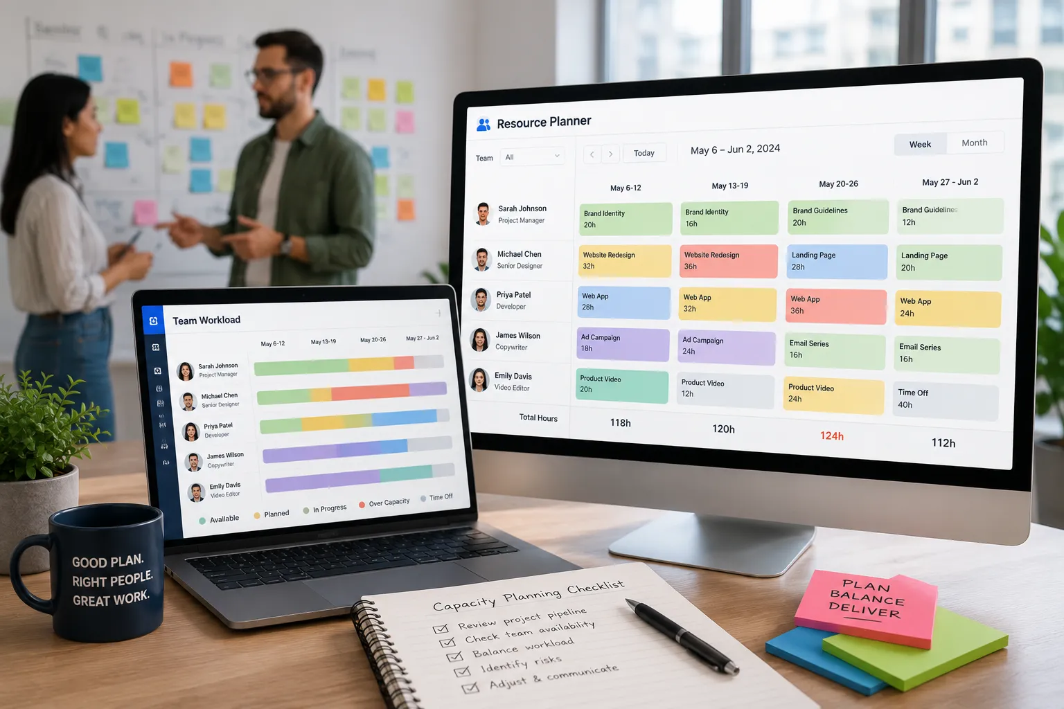 Two colleagues planning ongoing team capacity around a resource planner dashboard showing weekly workload and availability