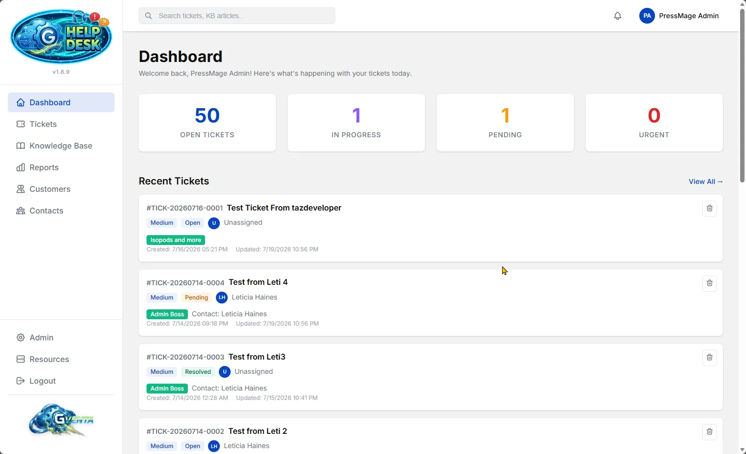 GVenta Help Desk dashboard showing open ticket counts and recent tickets