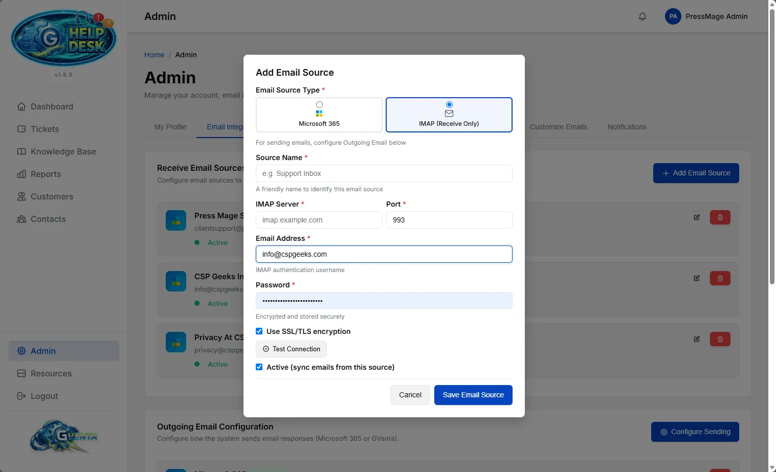 The Add Email Source modal with Microsoft 365 and IMAP source types, IMAP server, port, email, password, SSL toggle and Test Connection