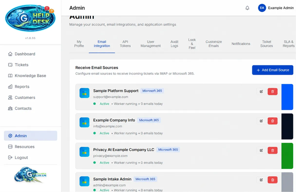 GVenta Help Desk admin settings for configuring an email source