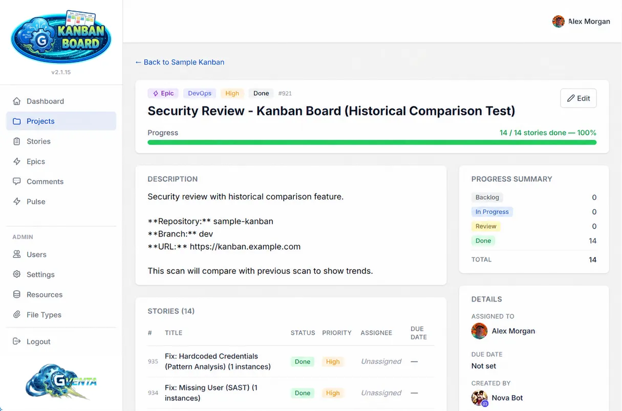 GVenta Kanban Board epic detail view with linked stories and progress summary