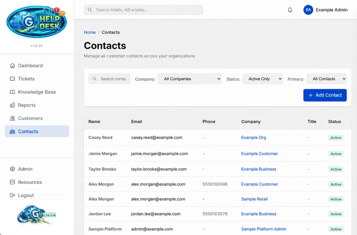 The Contacts page: search, company, status and primary filters, Add Contact, and a table of contacts with name, email, phone, company, title and status