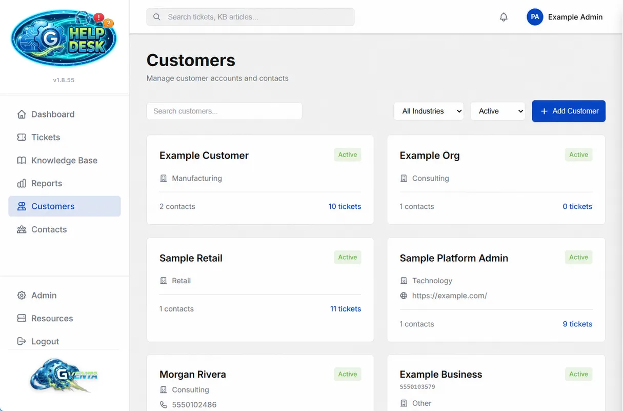 The Customers page: search, industry and status filters, Add Customer, and a card grid showing each company with industry, contact count and ticket count