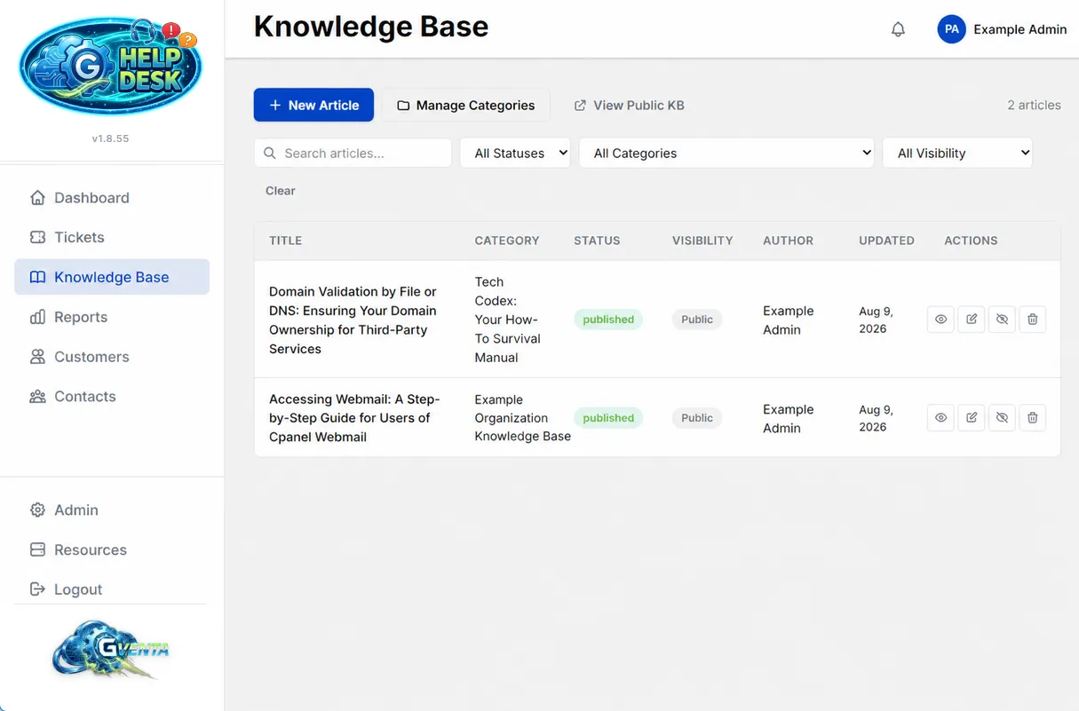 Knowledge Base management with New Article, Manage Categories and View Public KB actions, search and status, category and visibility filters, and a table of articles with status, visibility, author and actions
