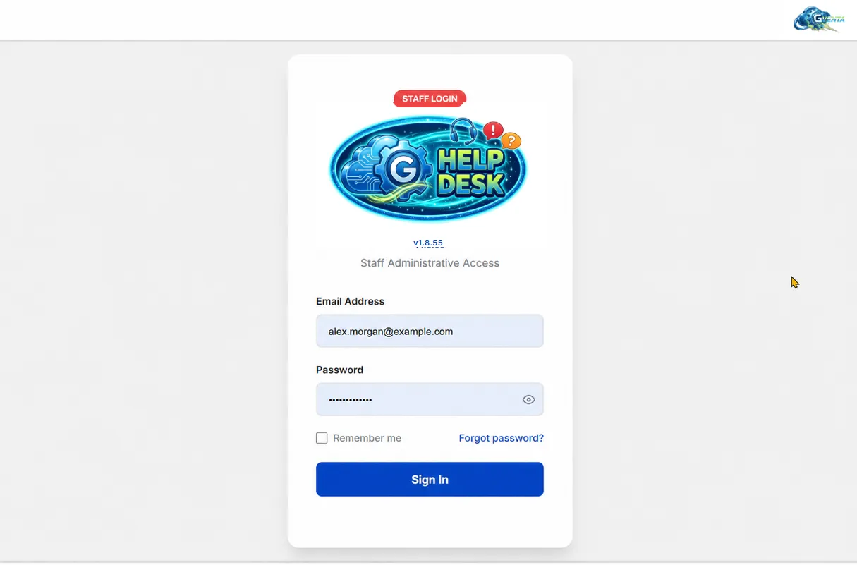 The GVenta Help Desk staff login screen with the Help Desk logo, version number, email and password fields, Remember me, Forgot password and Sign In