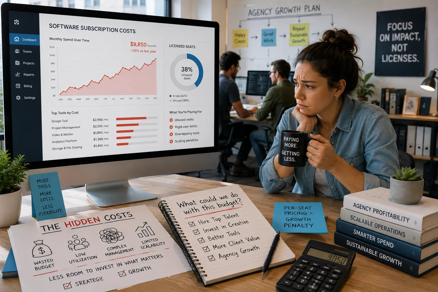 An agency owner reviewing a software subscription cost dashboard showing rising monthly spend and unused licensed seats, next to a note listing the hidden costs of per-seat pricing