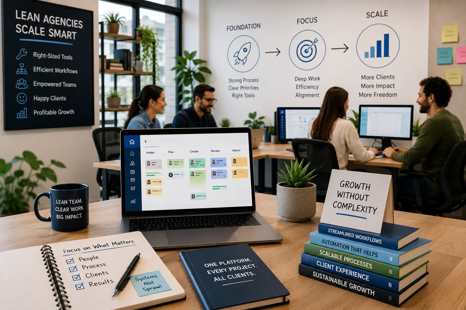 An agency team working around a kanban workflow board with Intake, Plan, Create, Review, and Deliver columns under a poster reading Lean Agencies Scale Smart