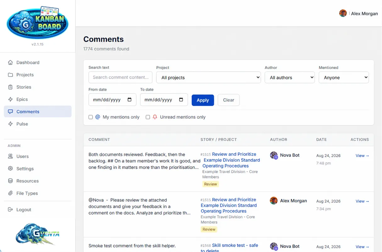 The Comments page with search text, project, author, mentioned and date-range filters, My mentions only and Unread mentions only checkboxes, and a table of comments with story, author and date