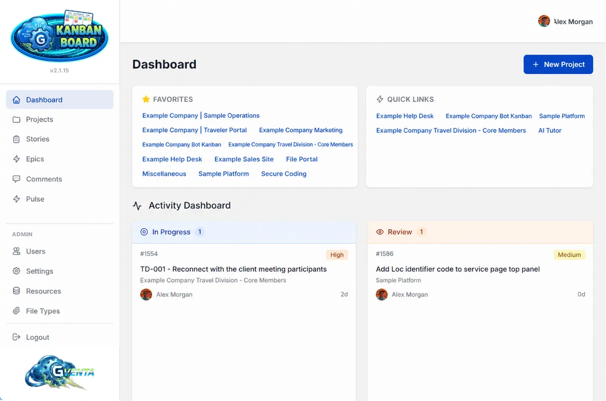 GVenta Kanban Board Dashboard with the left sidebar navigation, Favorites and Quick Links cards, and In Progress and Review columns