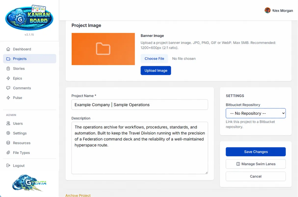The Edit Project page with banner image upload, project name and description fields, a Bitbucket repository selector, and Save, Manage Swim Lanes and Cancel buttons