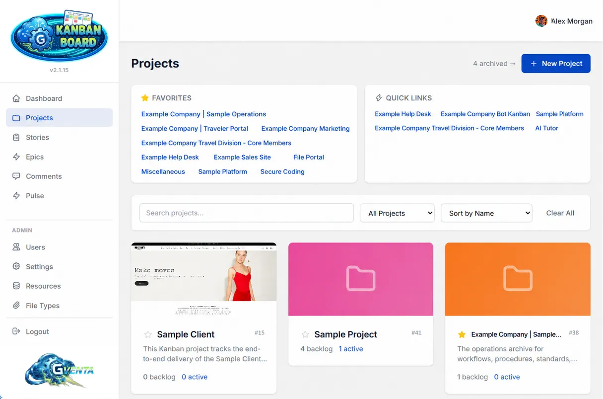 GVenta Kanban Board projects overview showing multiple project boards