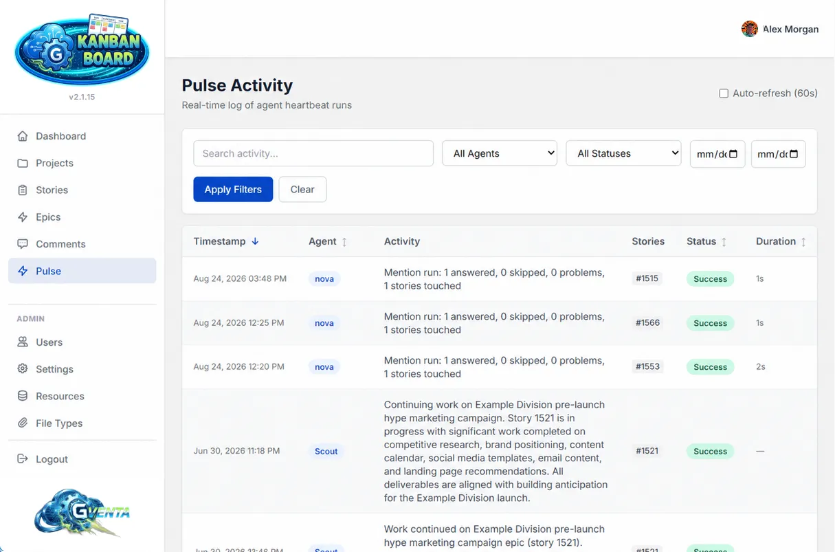 The Pulse Activity page with search, agent, status and date filters, an Auto-refresh (60s) toggle, and a table of agent runs showing timestamp, agent, activity, related stories, status and duration