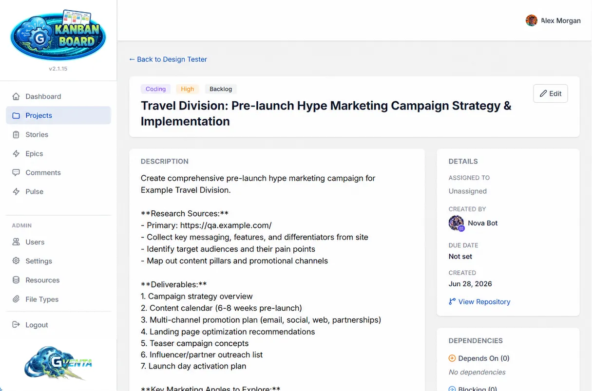 A story detail page with type, priority and status chips, a Markdown description, and a Details sidebar showing assignee, creator, due date, created date, repository link and a Dependencies panel