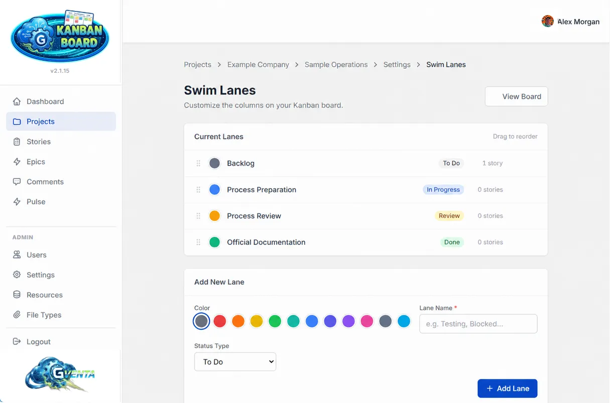 The Swim Lanes management page listing current lanes with color dots, status type chips and story counts, plus the Add New Lane form with a color palette and status type selector