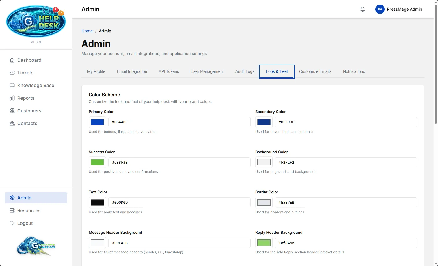 GVenta Help Desk admin settings for customizing the color scheme and look and feel