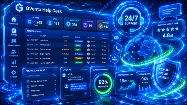 GVenta Help Desk dashboard highlighting ticket queue status, 24/7 support, a 4.8 out of 5 customer satisfaction score, and SLA performance metrics