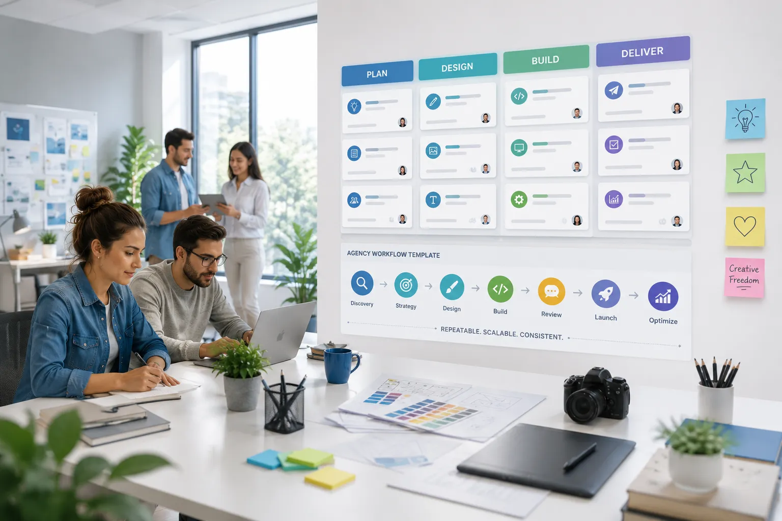 An agency team working beside a wall-mounted standard workflow template showing Plan, Design, Build, and Deliver stages with a repeatable Discovery-to-Optimize process