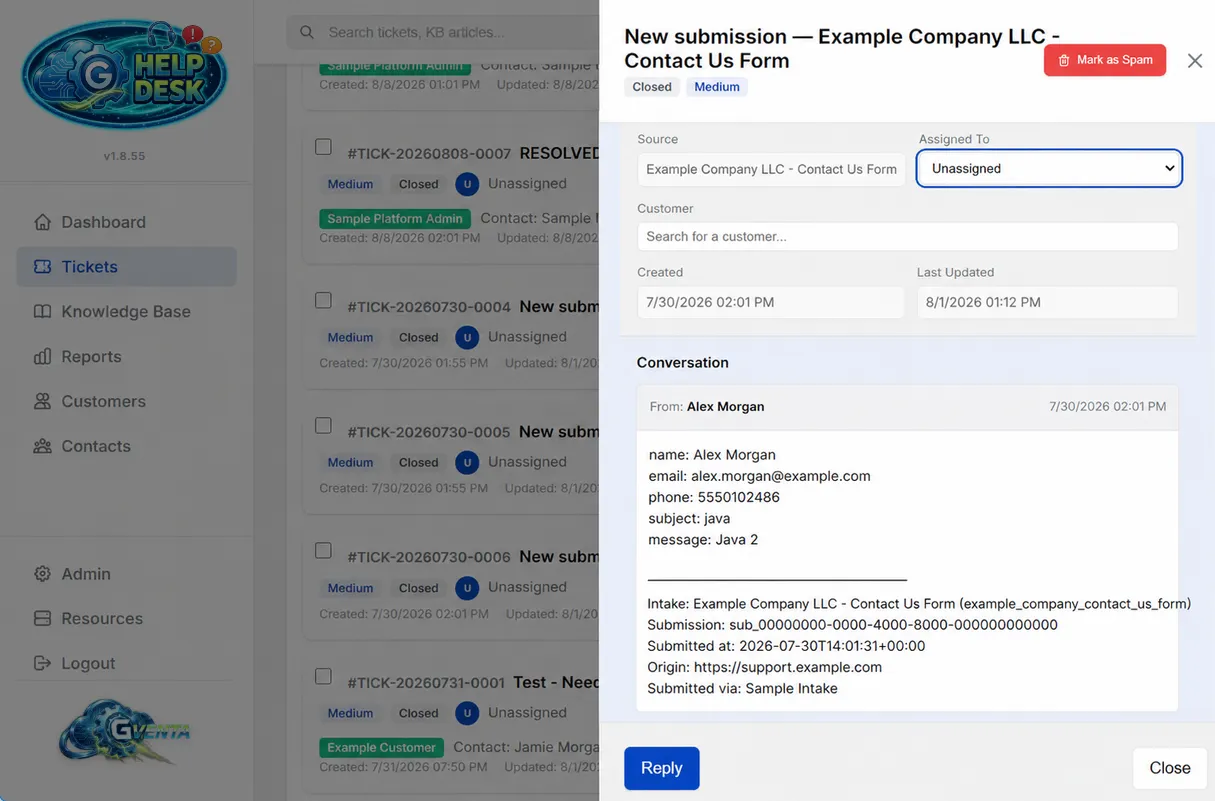 GVenta Help Desk ticket detail view with reply composer