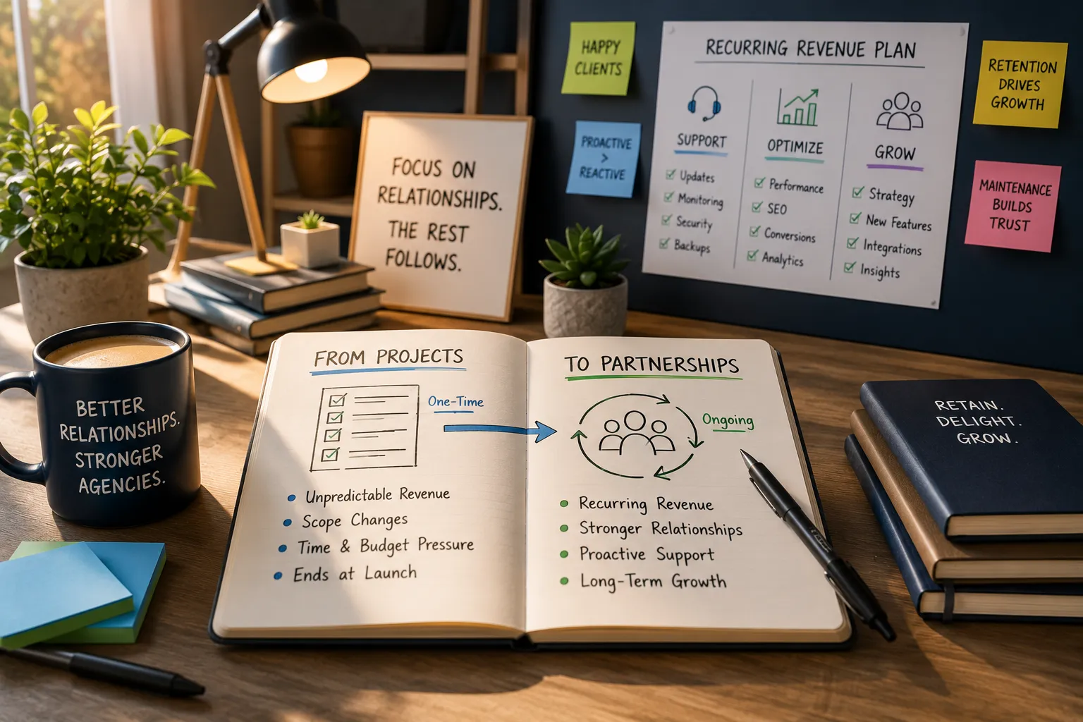 A notebook page mapping the shift from one-time projects to ongoing partnerships, next to a recurring revenue plan covering support, optimization, and growth