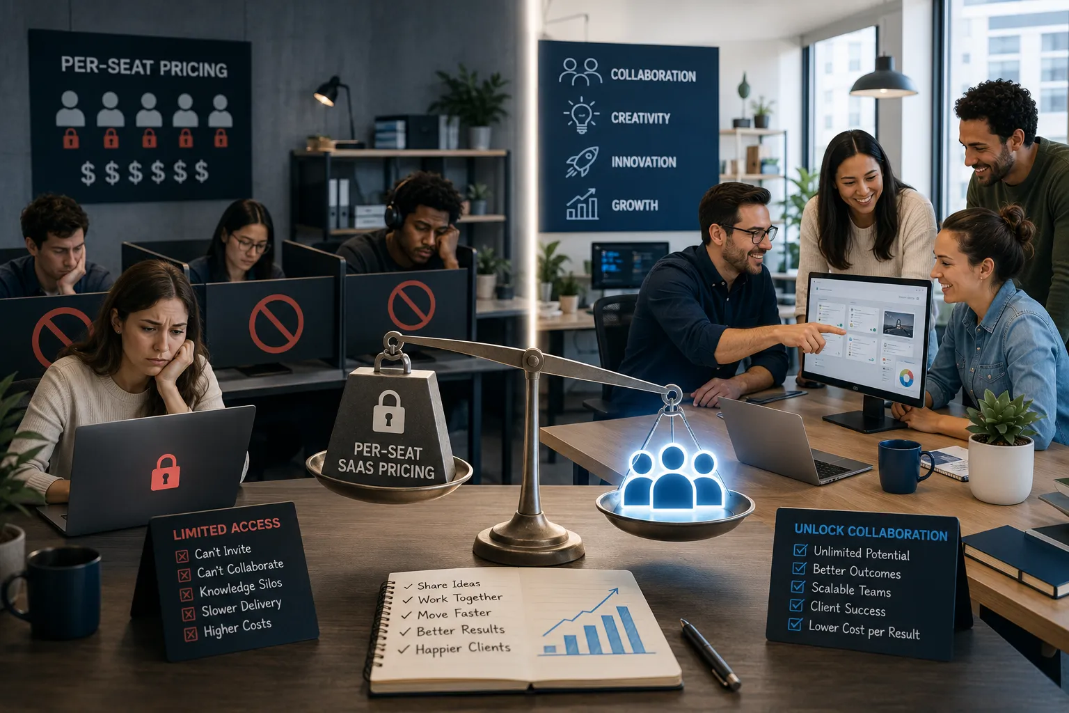 A split scene contrasting a locked-down, restricted team under a per-seat pricing sign with a collaborative, growing team balanced favorably on a scale
